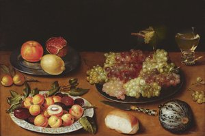 Stilleven met druiven, granaatappels en abrikozen